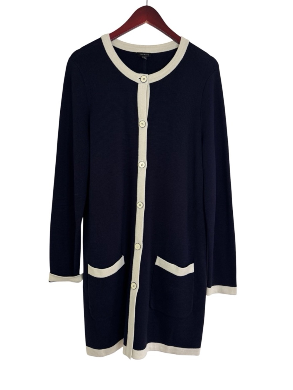 Talbots button knit cardigan sweater navy white long women’s large